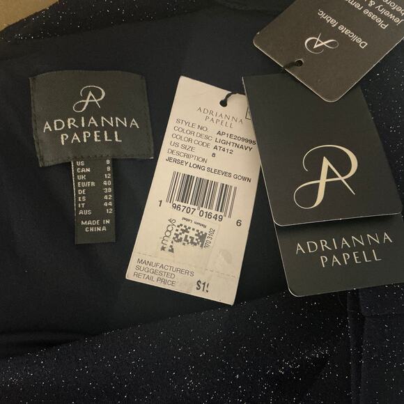 Adrianna Papell Long Sleeved Evening Gown Blue Metallic Size 8 Thigh Slit Formal - Picture 9 of 13